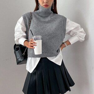 Casual Turtleneck Split Hem Sweater Vest Grey